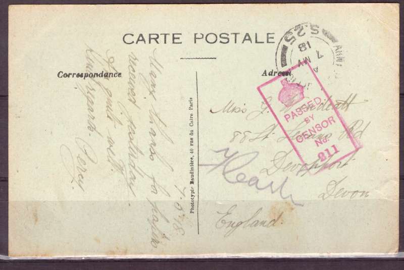 Post Cart from IWW {France} . ARMY POST OFFICE and CENSOR