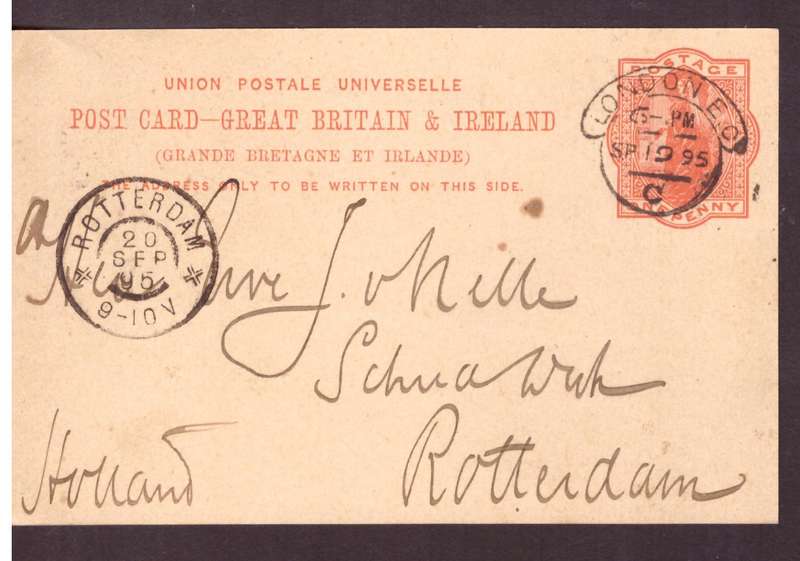 England.  post carte 1895 from London to Rotterdam