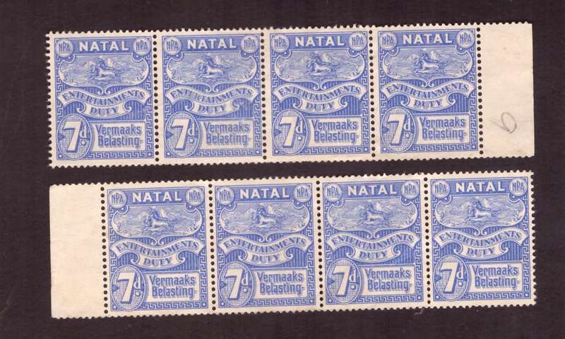 UNION 0f South Africa 1945  issue, Natal Rervenue. 7d. 2 blocks of 4 very rare. Berefoot cat. #45