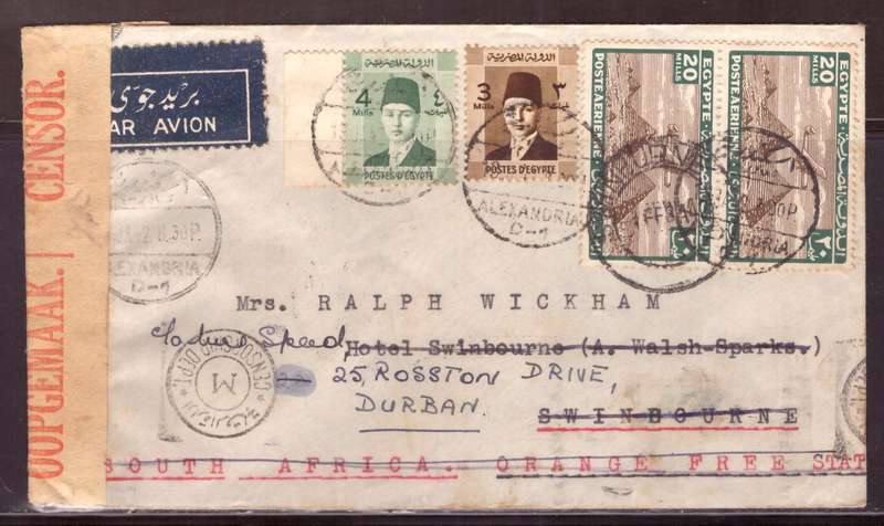 Egypt . Cover 1942 from Alexandria too Durban .Nice dabel Censor.