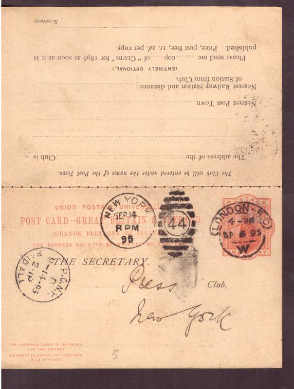 England.  post carte 1895  From London to New JORK