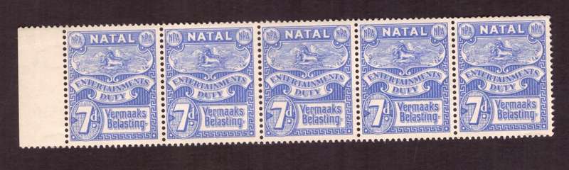 UNION 0f South Africa 1945  issue, Natal Rervenue. 7d. strip of 5 very rare. Berefoot cat. #45