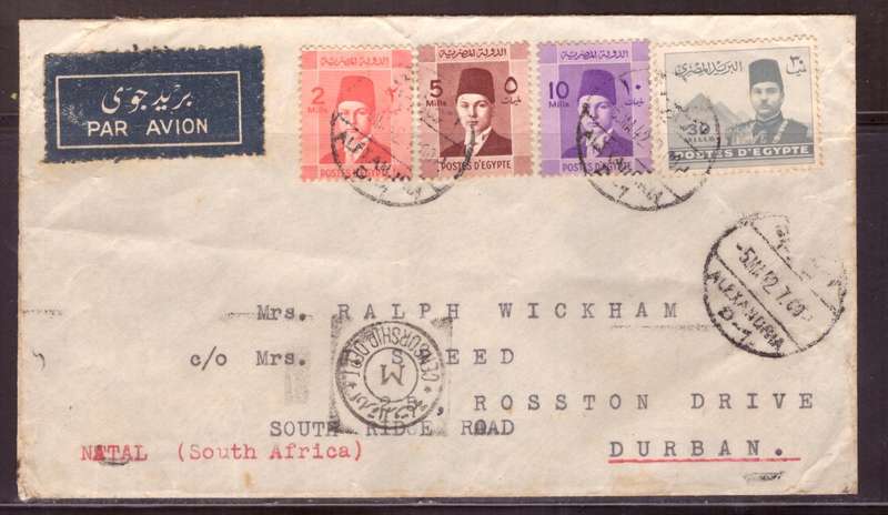 Egypt . Cover 1942 from Alexandria too Durban .Nice  Censor. small demage.