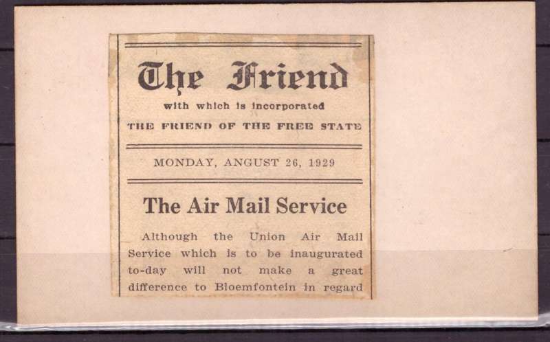 UNION  of South Africa. First Airmail from Bloemfontein to Johannesburg 1929.