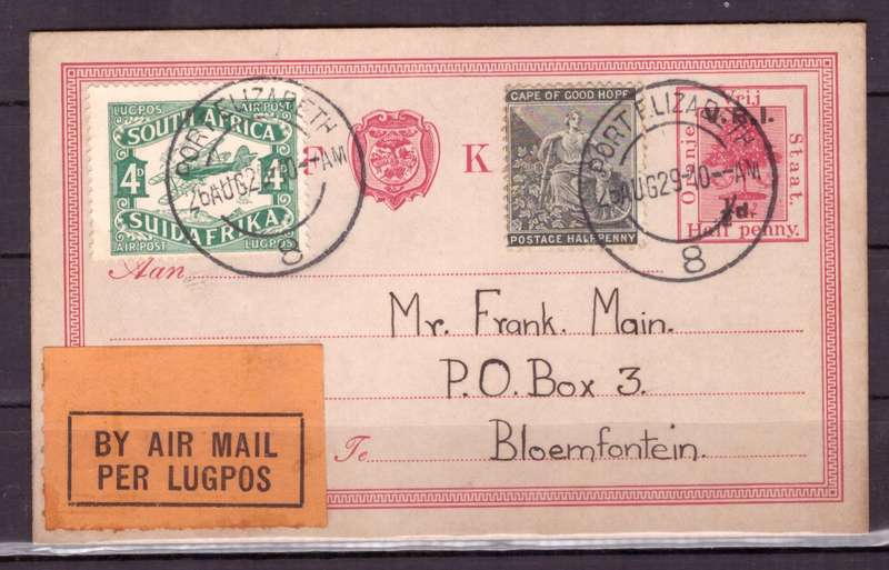 UNION  of South Africa. First Airmail from Port Elizabeth to Bloemfontein 1929.