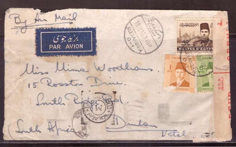 Egypt . Cover 1943 from Alexandria too Durban .Nice dabel Censor. small demage.