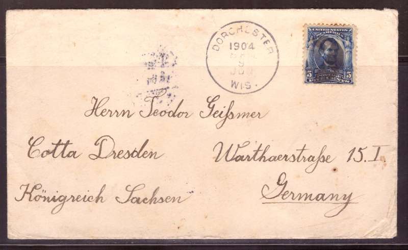 USA 1904 Cover from Dorchester to Dresden  Germany.