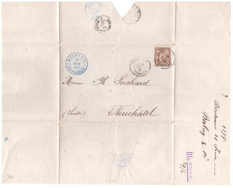 France. Folder, 1877 from France to Switzerland.