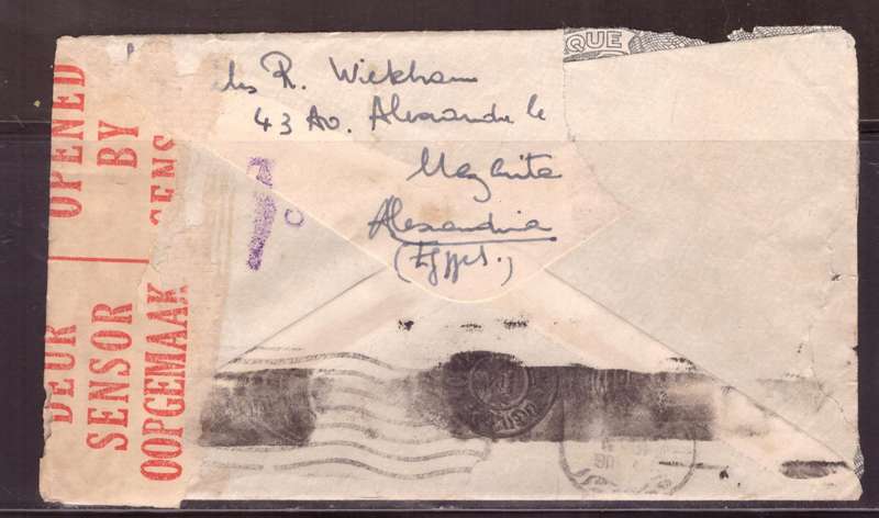 Egypt . Cover 1943 from Alexandria too Durban .Nice dabel Censor. small demage.
