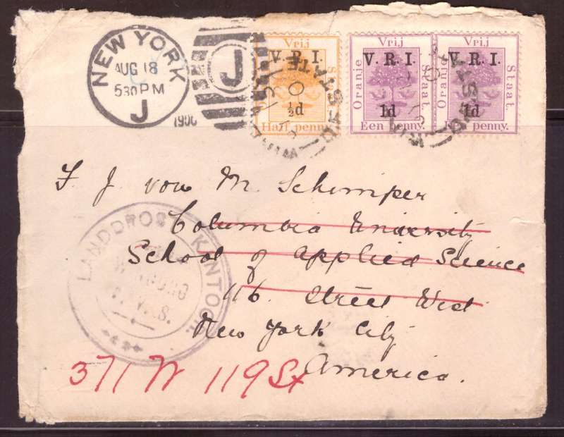 Orenge Free State  1900 COVER  from Windburg to New York . small demage on the beack.