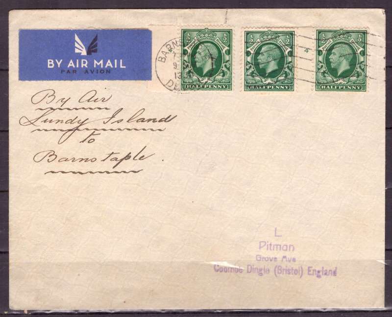 Great Britain. George V. 1930s. By Air from LUNDY  to Bristol. mix condition.