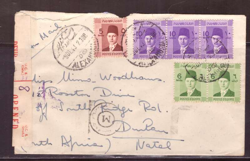 Egypt . Cover 1943 from Alexandria too Durban .Nice dabel Censor.