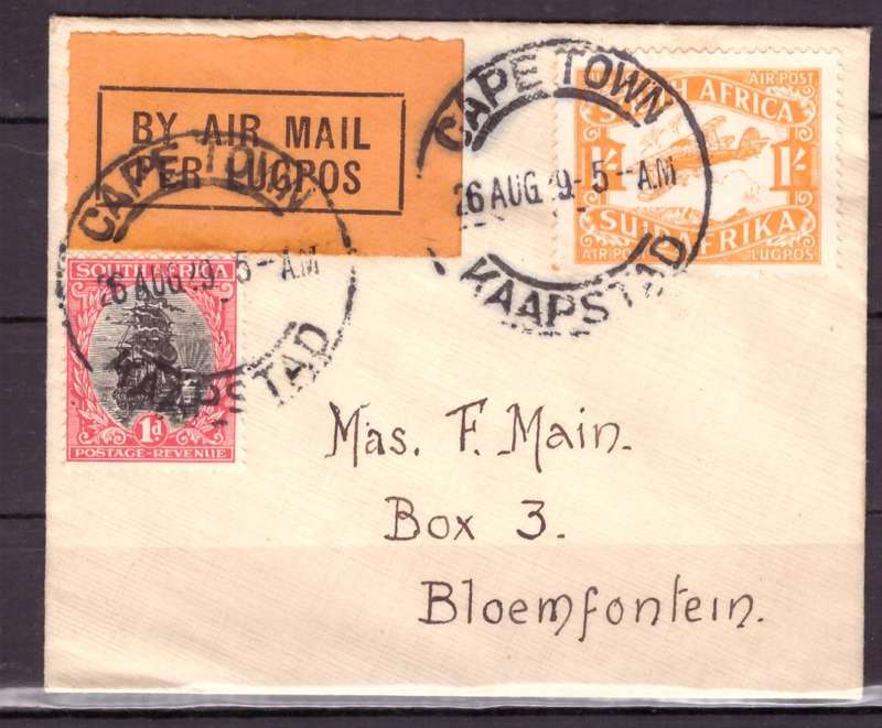 UNION  of South Africa. First Airmail from Cap Town to Bloemfontein 1929. Cover.