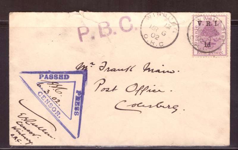 Orenge Free State  1902 COVER  from Windburg to Post Offise  Colsberg. Naice Censor.