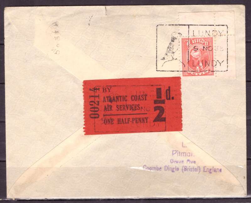Great Britain. George V. 1930s. By Air from LUNDY  to Bristol. mix condition.