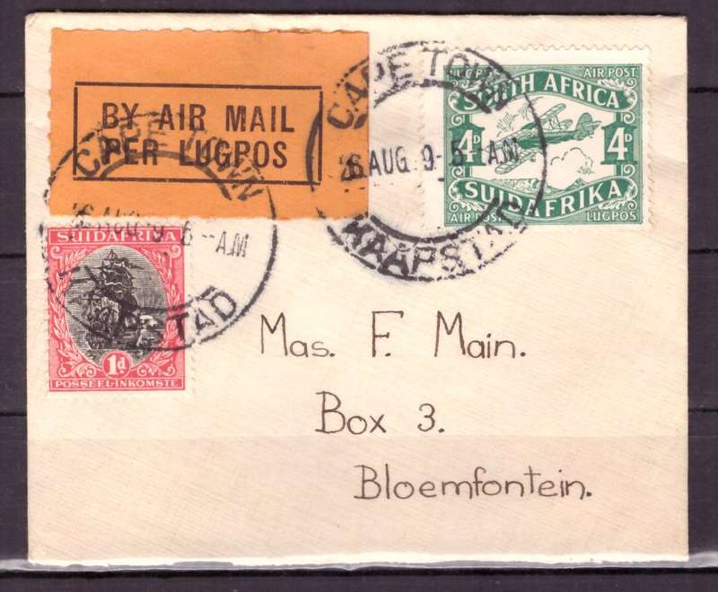 UNION  of South Africa. First Airmail from Cap Town to Bloemfontein 1929. Cover.