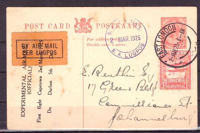 UNION  of South Africa. First Experimental Airmails 1925.