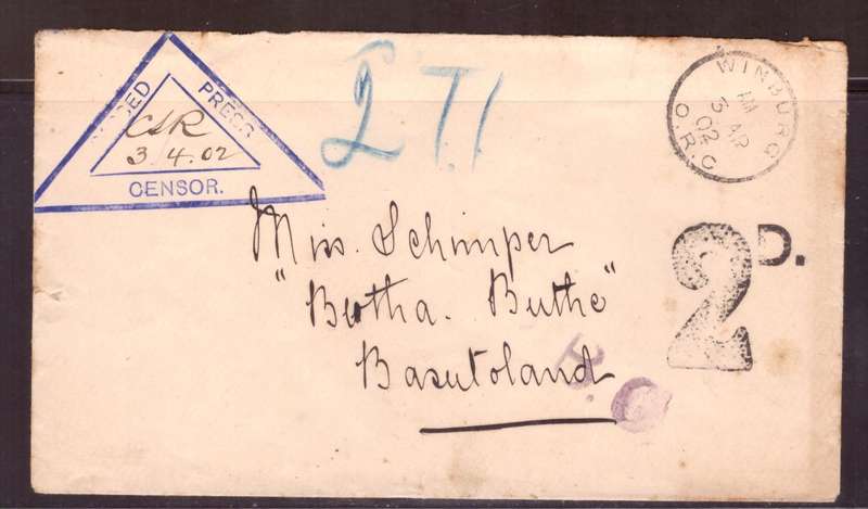Orenge Free State  1902 COVER  from Windburg to Basutoland. Nice Censor. and extra 2D