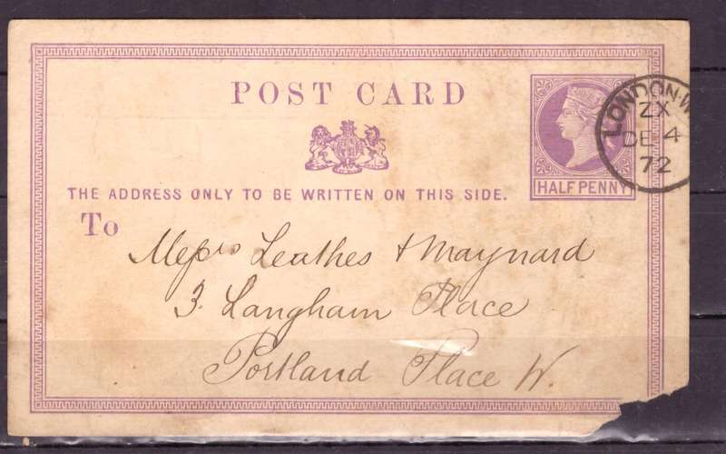 Great Britain. Q.Victoria  Post card 1872