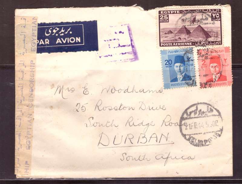 Egypt . Cover 1944 from Alexandria too Durban .Nice dabel Censor.