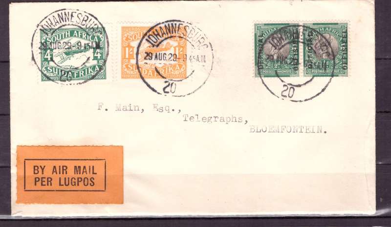 UNION  of South Africa.  Airmail from Johannesburg to Bloemfontein 1929. Cover.