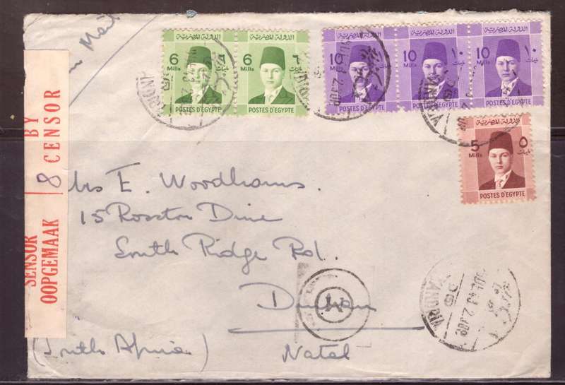 Egypt . Cover 1943 from Alexandria too Durban .Nice dabel Censor.