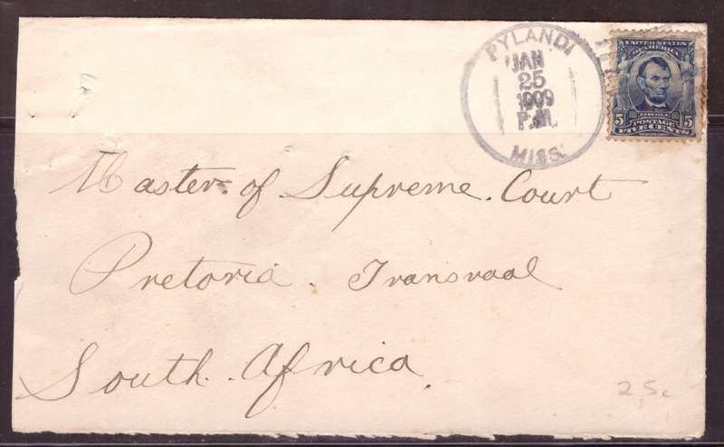 USA 1909 Cover from Pylandi USA. too Pretoria South Africa.
