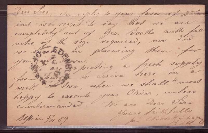 Orenge Free State   1889  Brief Kaart.. from ?? to  Edenburg.