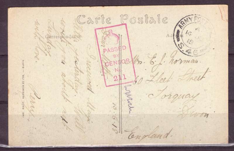 Post Cart from IWW {France} . ARMY POST OFFICE and CENSOR
