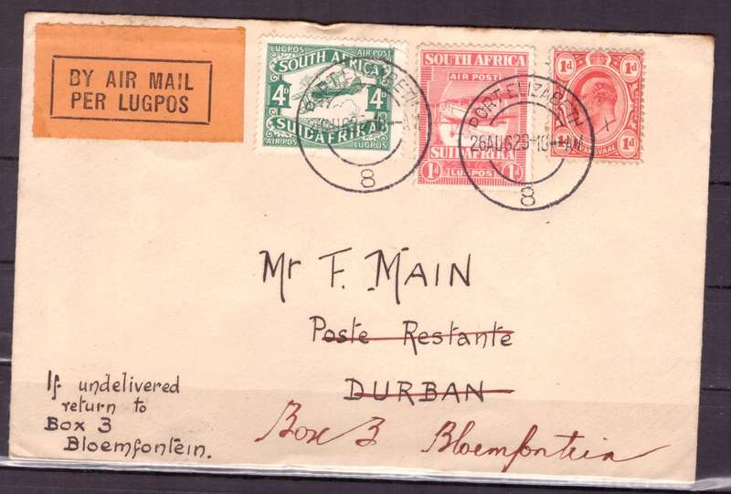 UNION  of South Africa.  Airmail from Port Elizabeth to Bloemfontein 1929. Cover.