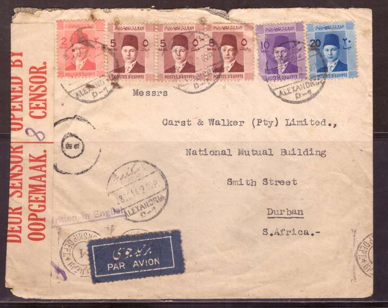 Egypt . Cover 1944 from Alexandria too Durban .Nice dabel Censor.