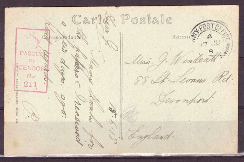 Post Cart from IWW {France} . ARMY POST OFFICE and CENSOR