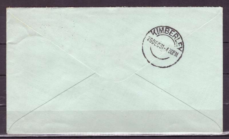 UNION  of South Africa.  Airmail from SWA to Bloemfontein 1931. Cover.