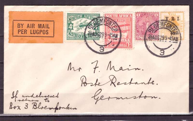 UNION  of South Africa.  Airmail from Bloemfontein to Germinston 1929. Cover.