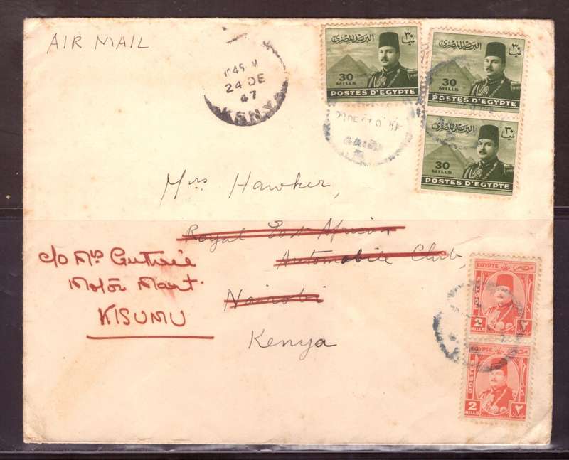 Egypt . Cover 1947 from Egypt too Kenya.