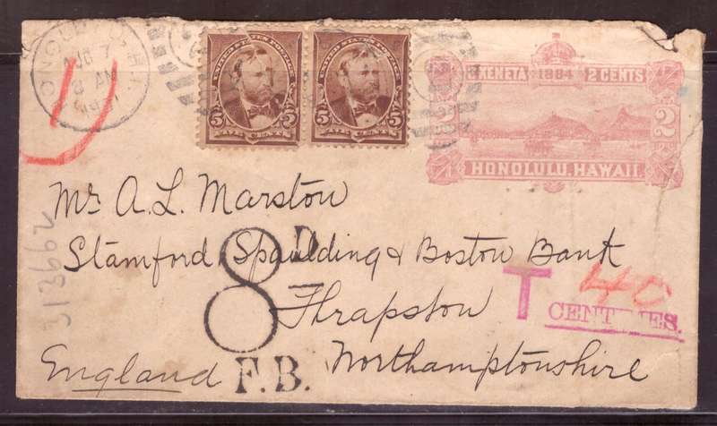 USA 1891 very rare Cover from HONOLULU HAWAII too ENGLAD. Tax 40centimes and 8d