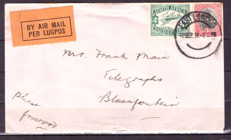 UNION  of South Africa.  Airmail from East London to Bloemfontein 1929. Cover.