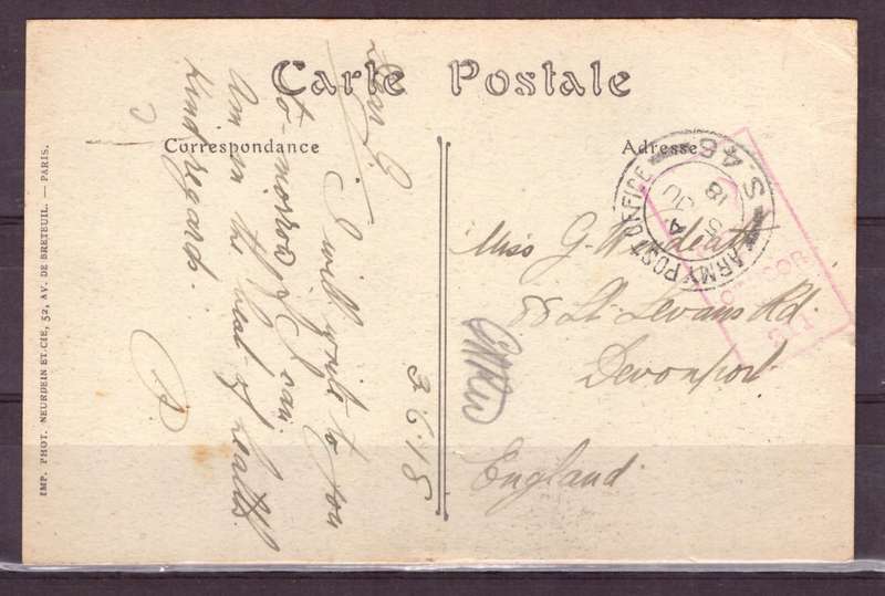 Post Cart from IWW {France} . ARMY POST OFFICE and CENSOR