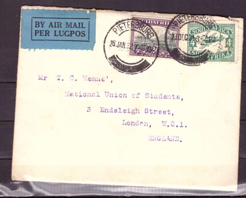 UNION  of South Africa.  Airmail from Pietersburg to London 1932. Cover.