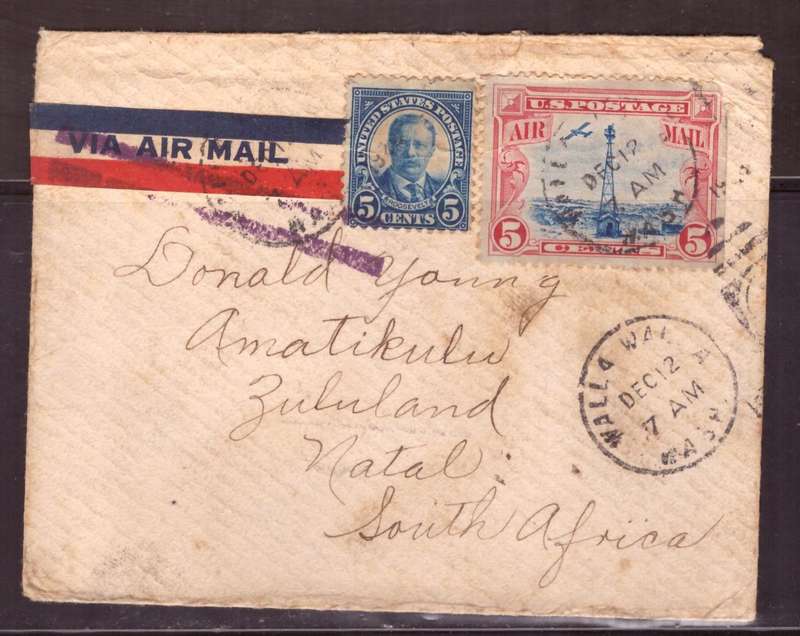 USA 1928 Cover from Walla Walla  Washington too Amatikulu Natal.