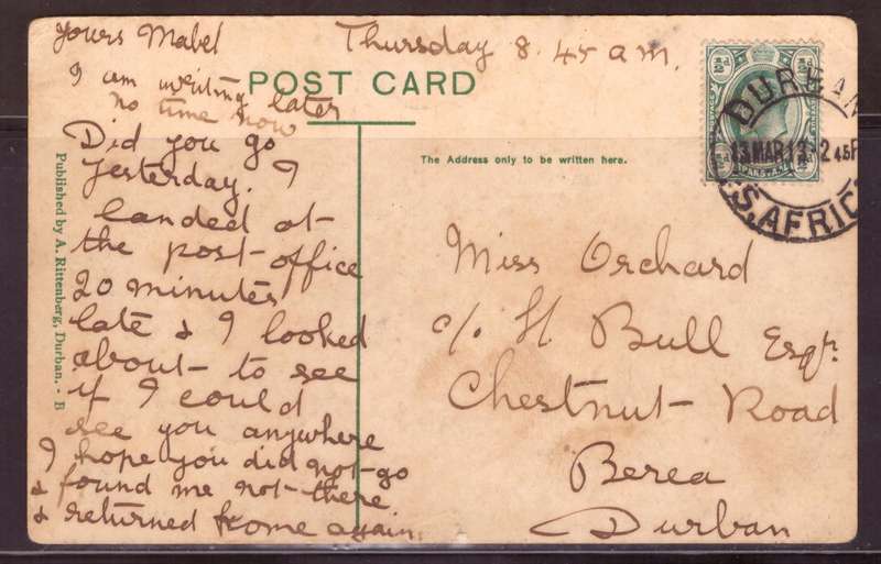 Transvaal  Post Cart 1913. Durban.  Isipingo Natal.