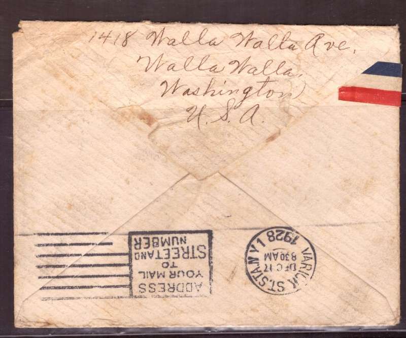 USA 1928 Cover from Walla Walla  Washington too Amatikulu Natal.