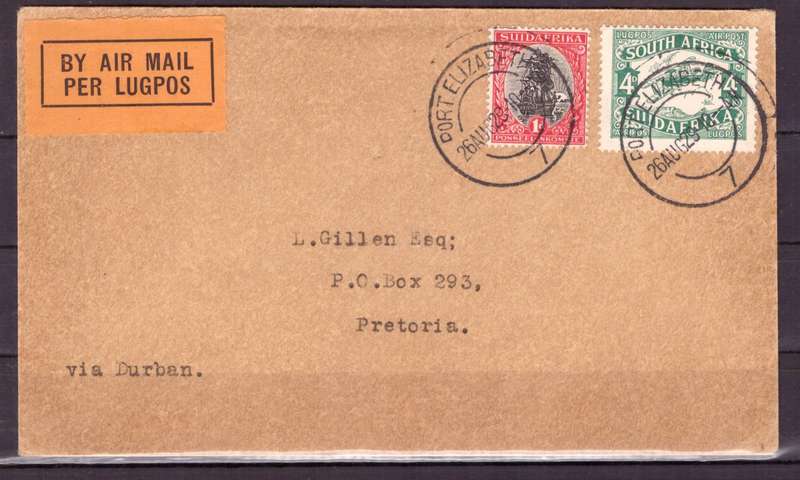 UNION  of South Africa.  Airmail from Port Elizabeth to Pretoria 1929 . Cover.