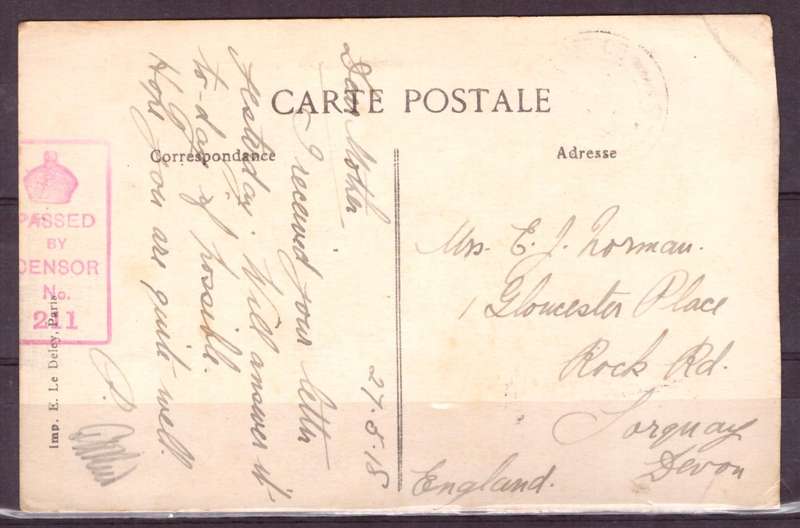 Post Cart from IWW {France} . ARMY POST OFFICE and CENSOR