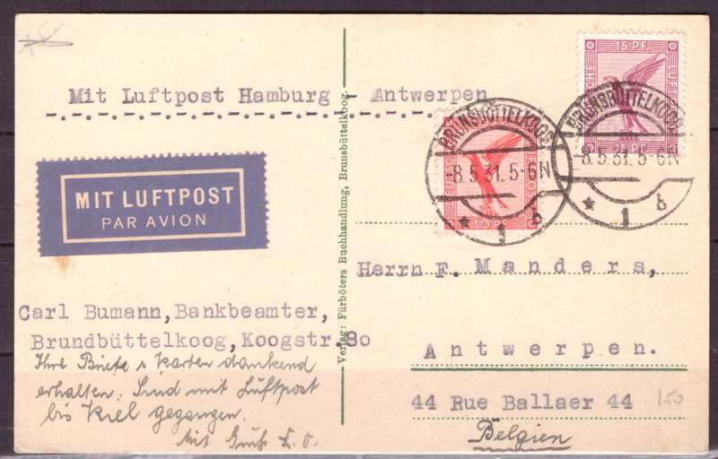 Germany.  Air Mail Postcarte from Hamburg to Antwerpen [Belgum] 1931.