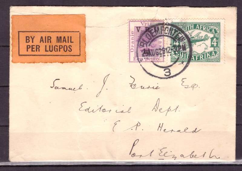UNION  of South Africa.  Airmail from Bloemfontein to Port Elizabeth 1929 . Cover.