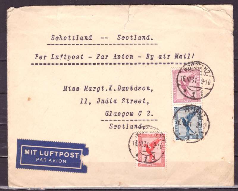 Germany.  Air Mail Cover 1931 from Germany to Scotland. mix condition.