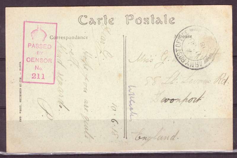 Post Cart from IWW {France} . ARMY POST OFFICE and CENSOR