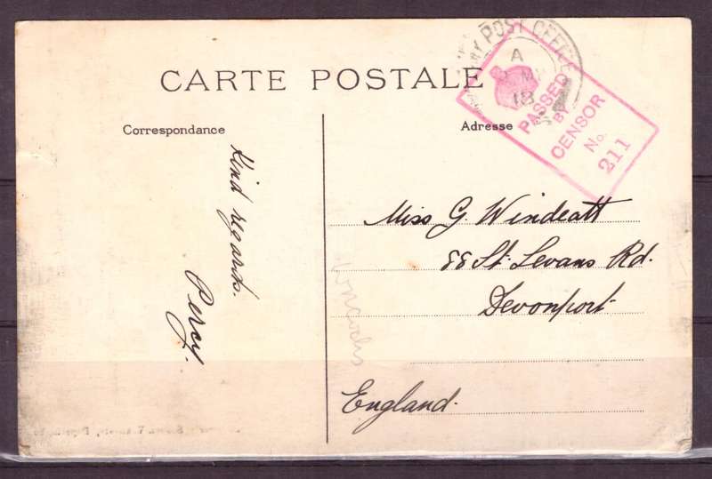 Post Cart from IWW {France} . ARMY POST OFFICE and CENSOR