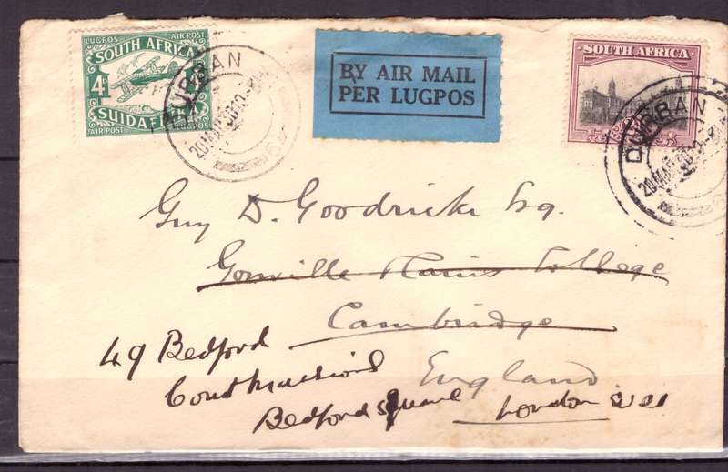 UNION  of South Africa.  Airmail from Durban to London 1930. Cover.